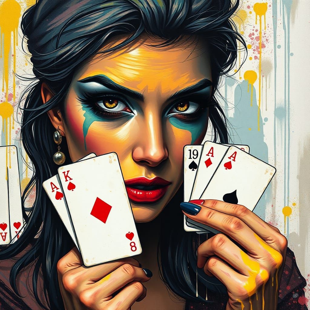 Una ilustración cautivadora de una mujer con maquillaje de payaso, sosteniendo una mano de cartas. Su mirada intensa y s...