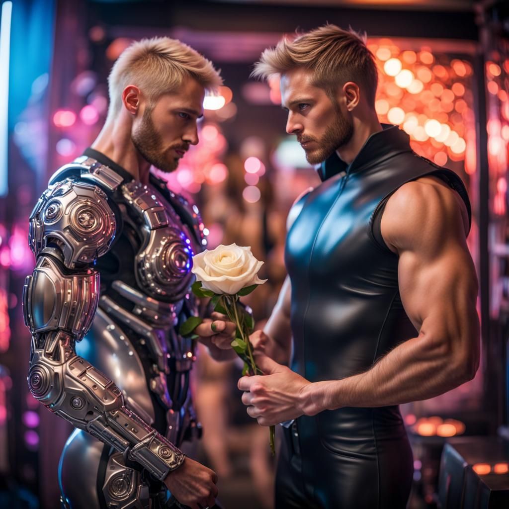 Handsome Cyborg Proposal in Futuristic Bar