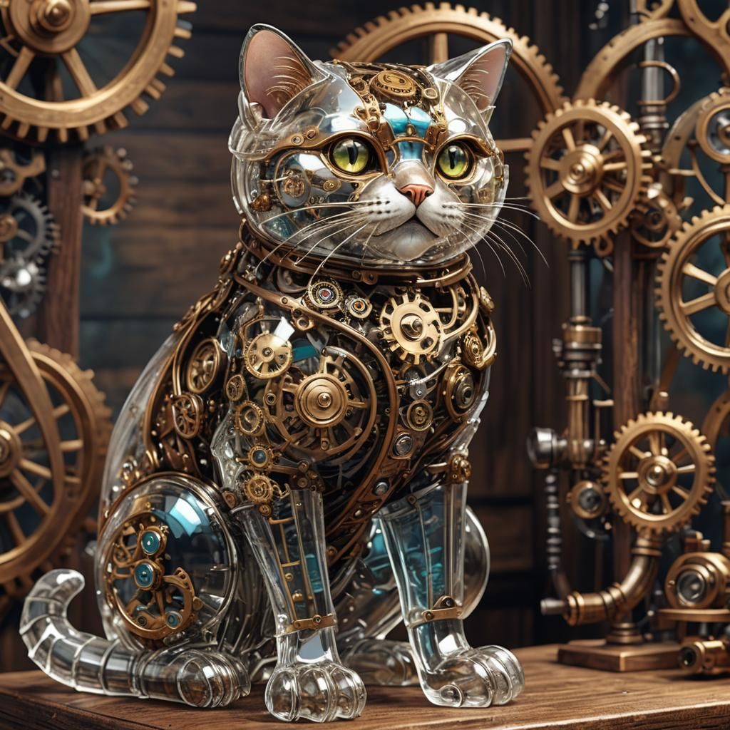 Steampunk Glass Cat on Vintage Desk: Digital Art