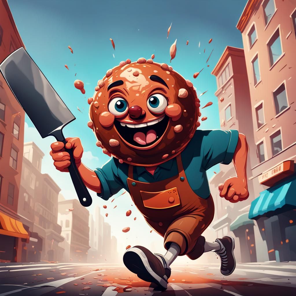 Hyperrealistic Cartoon Meatball in Cityscape