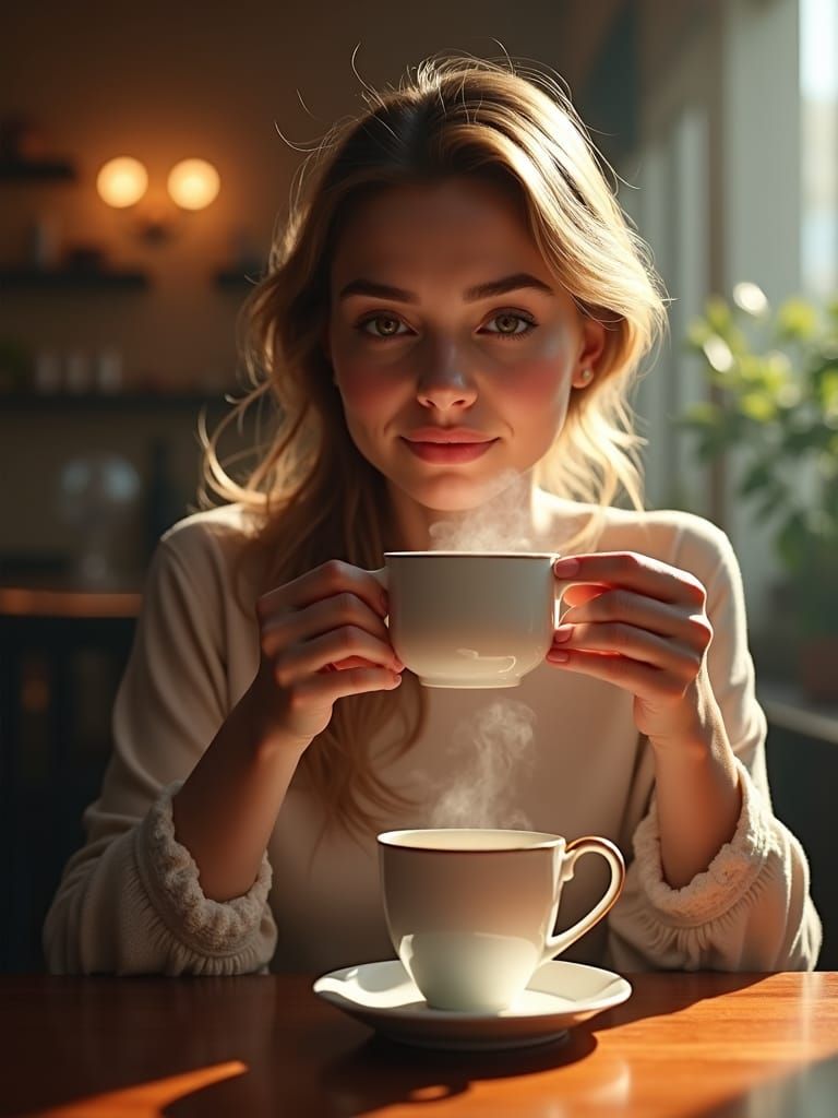 Elegant Woman Enjoying Tea in Dreamy Cafe