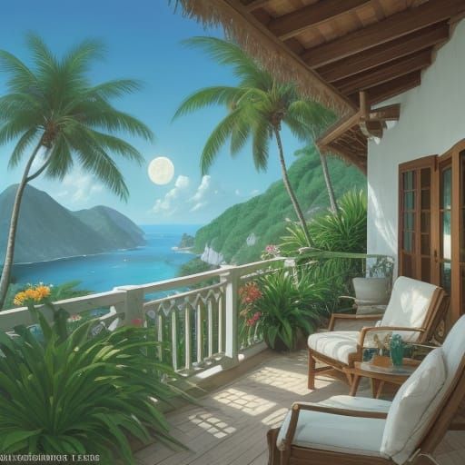 Tropical Cottage Overlooking Jungle in Gouache Style