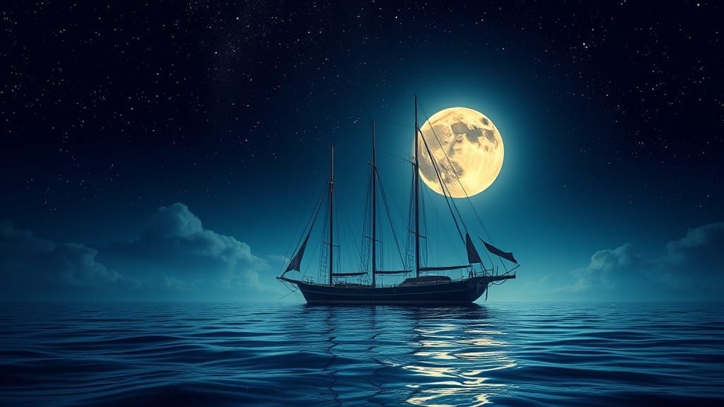 Sailboat Silhouette Under Silver Moon in Hyperrealism Style