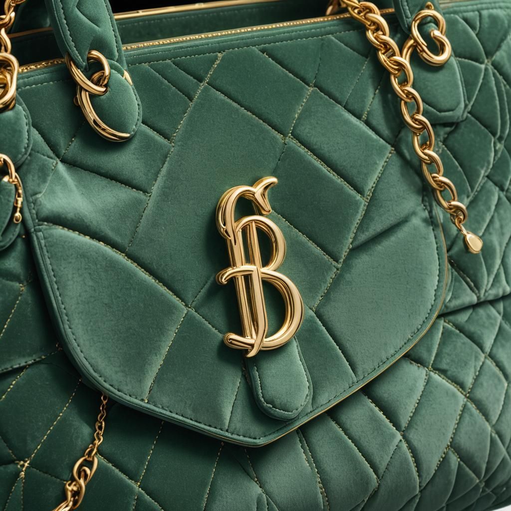 Emerald Velvet Cat Handbag with Golden Logo