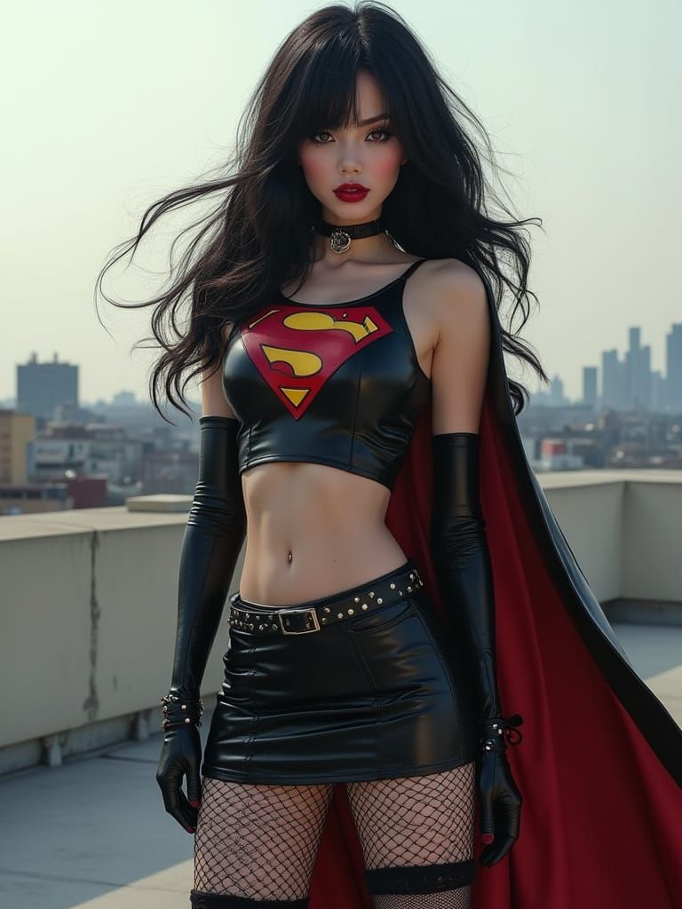 Goth Supergirl on Rooftop with Wind