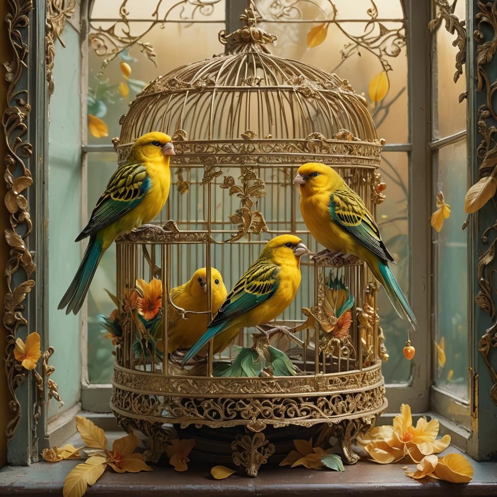 Hyperrealistic Canaries in Gilded Cage Splash Art