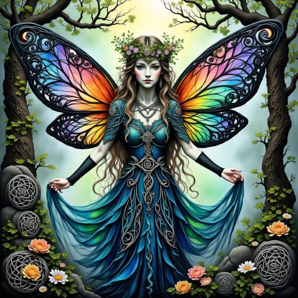 Celtic Fairy Queen with Rainbow Wings in Mythic Glade