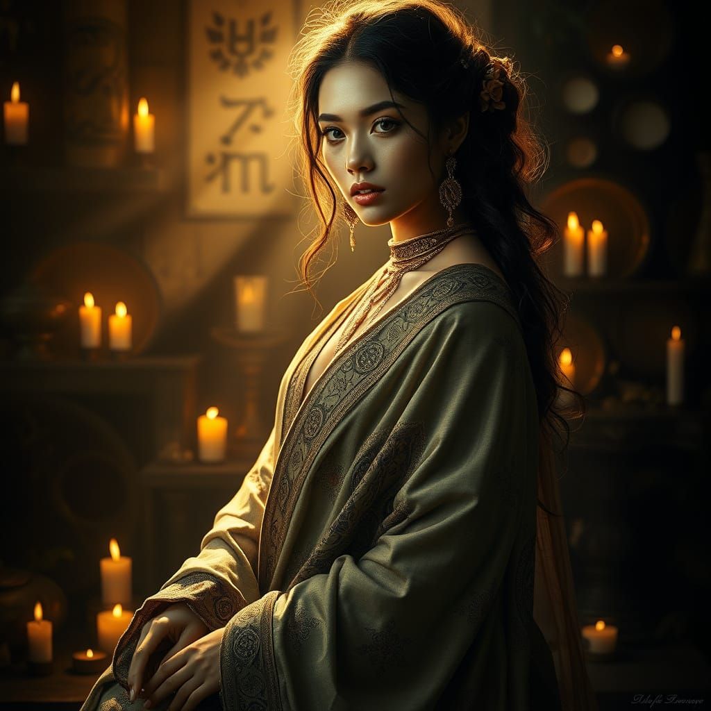 Exotic, Mystical Female Figure in Ancient Apothecary Setting