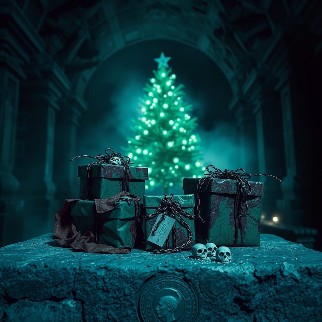 Haunted Christmas Gifts on Shattered Altar in Crypt