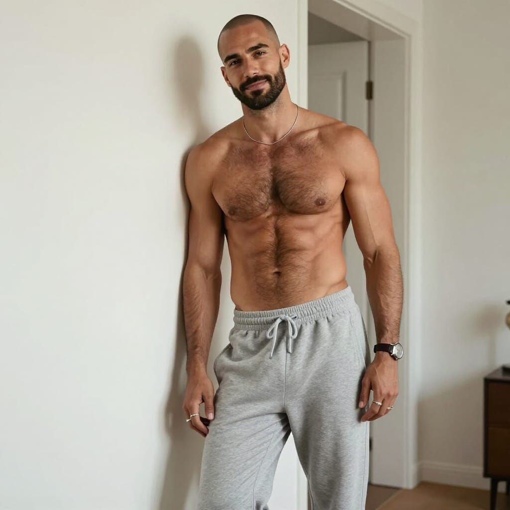 Handsome Man in Minimalist Interior, Photorealistic Portrait