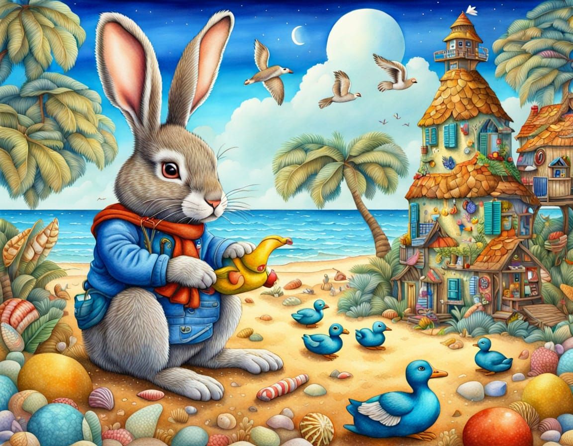 Happy Beach Rabbit in Vibrant Aquarelle Style