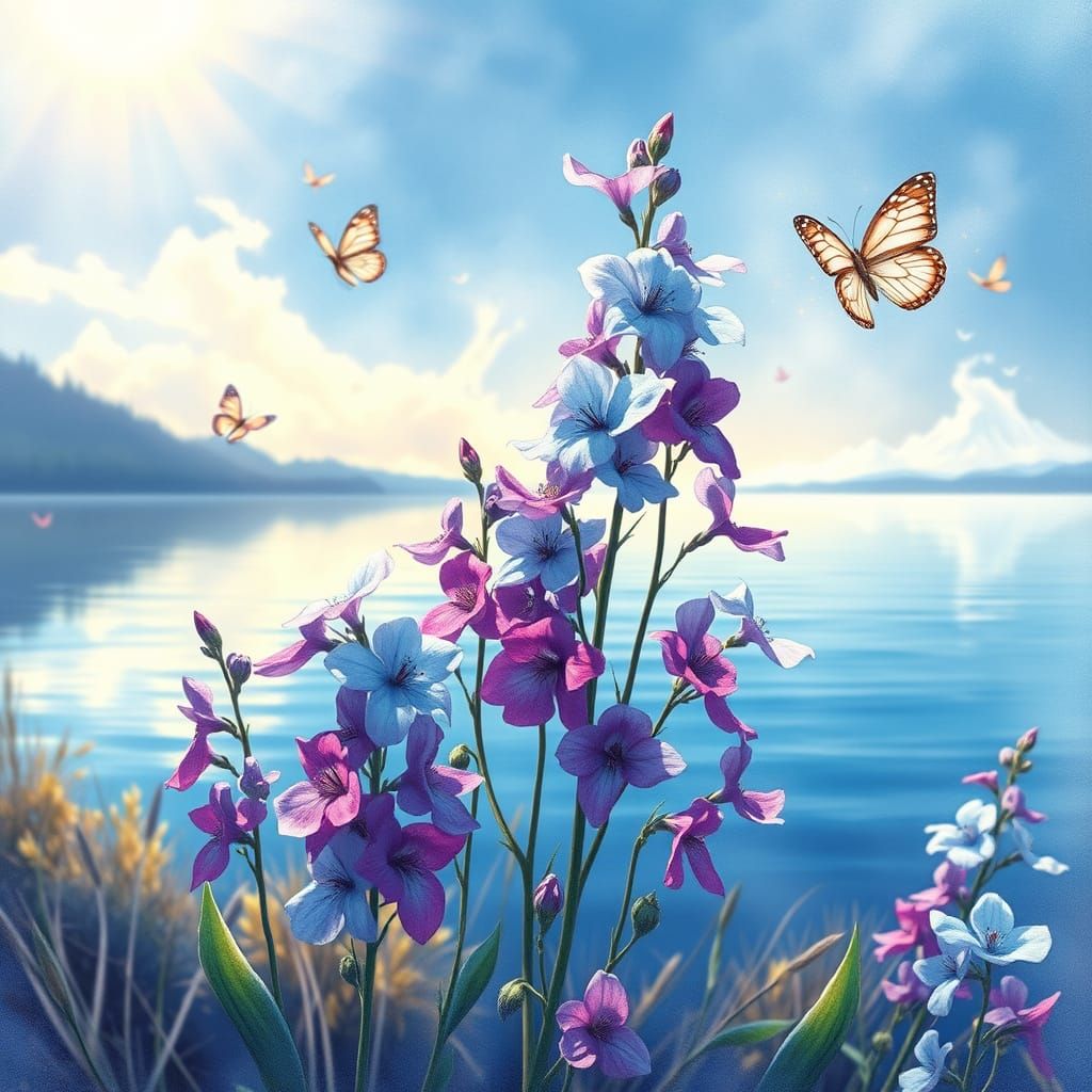 Dreamlike Larkspur Blooms in Shimmering Light Blue and Plum ...