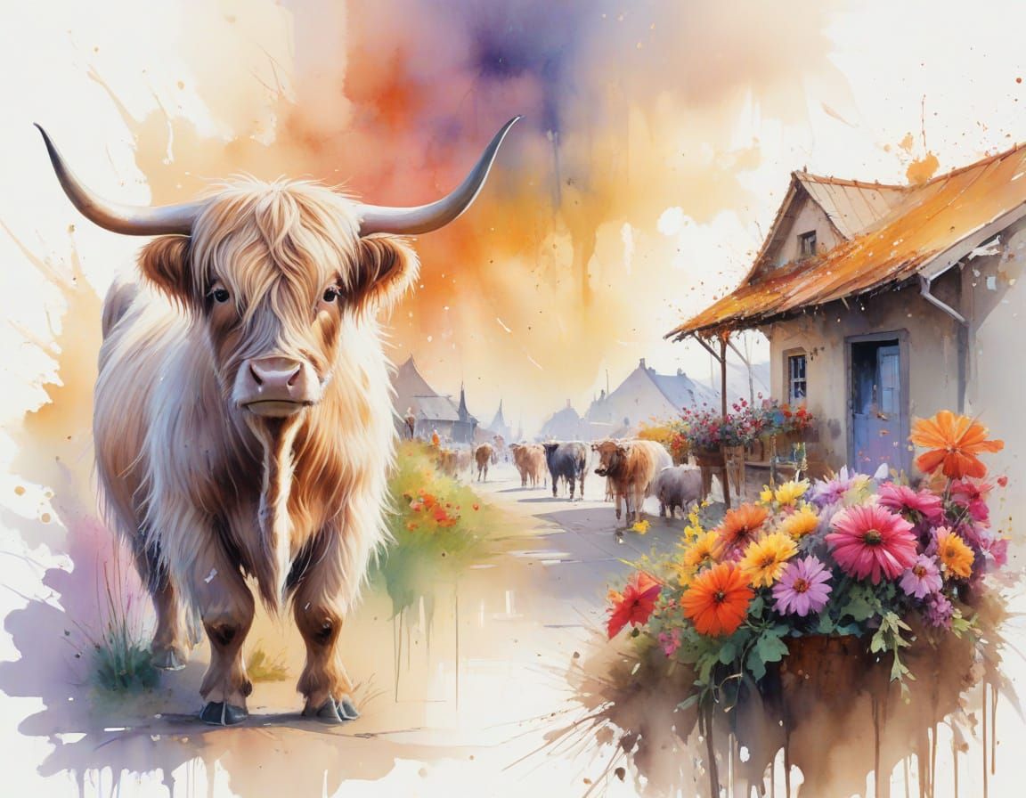 Adorable Highland Cow by Flower Stall in Sunlight