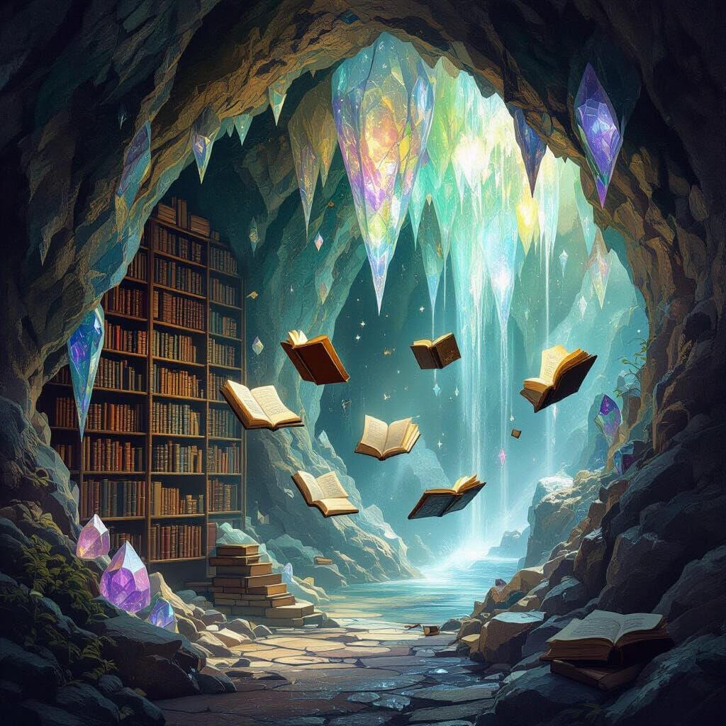Enchanted Library in Crystal Cave with Floating Books