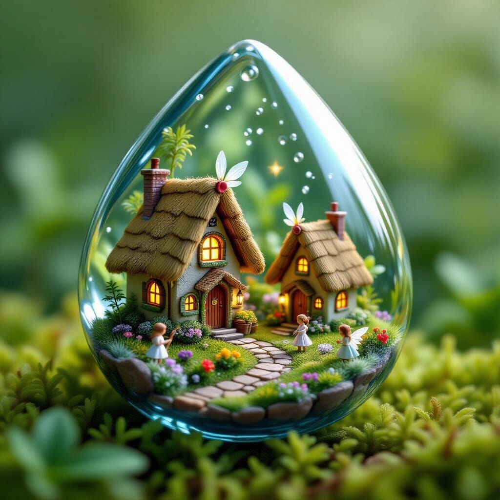 Fairy Village Nestled in a Dew Drop