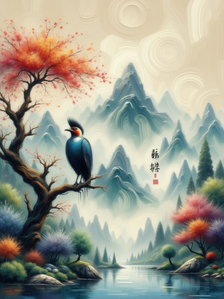 Impasto Watercolor Painting of a Majestic Bird in a Chinese ...