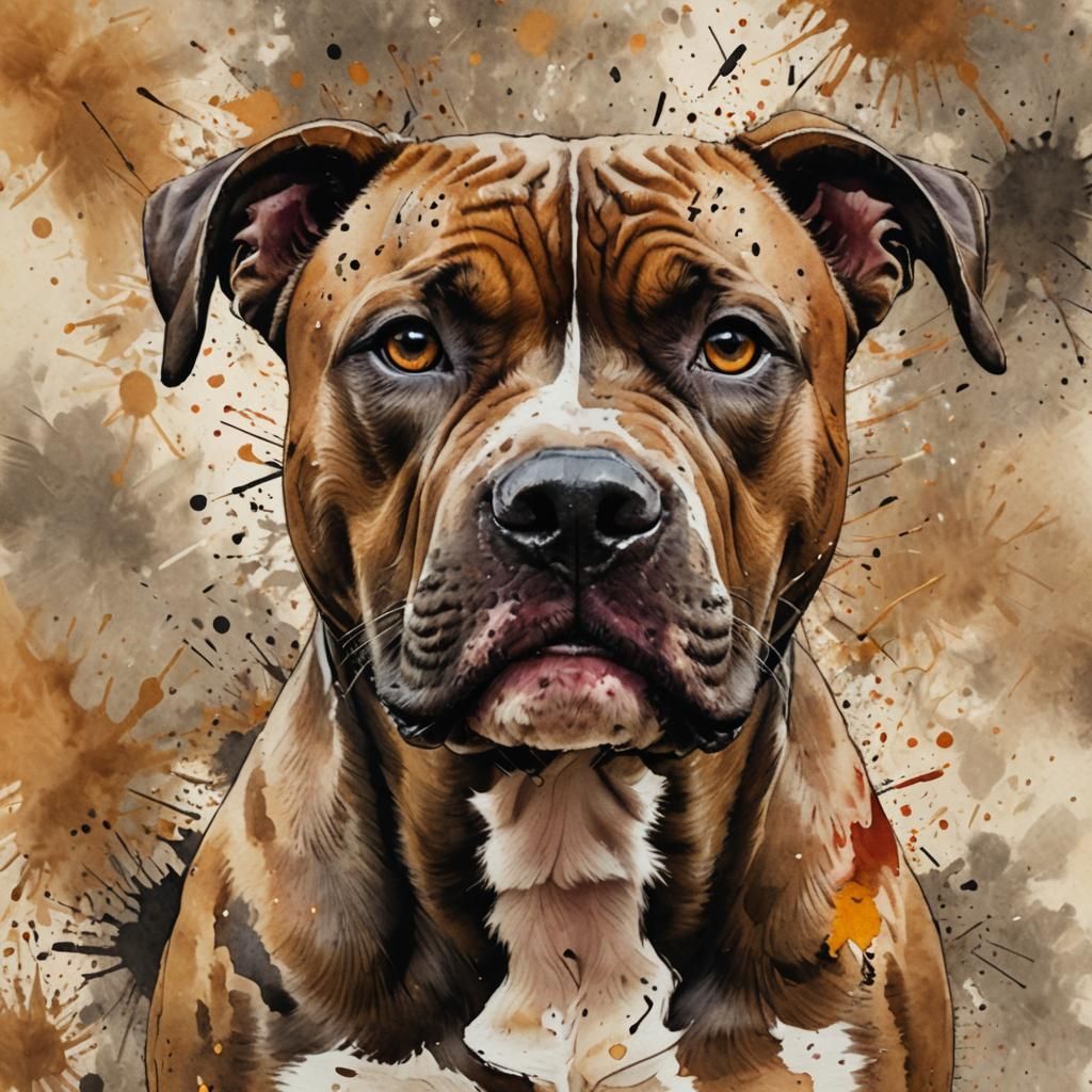 Muscular Pitbull Portrait in Watercolor Splatter Style