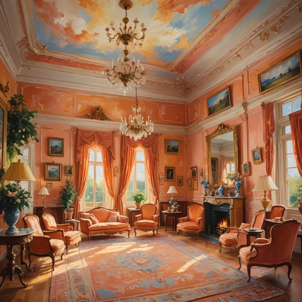 Impressionist Orange Parlor Bathed in Golden Sunlight