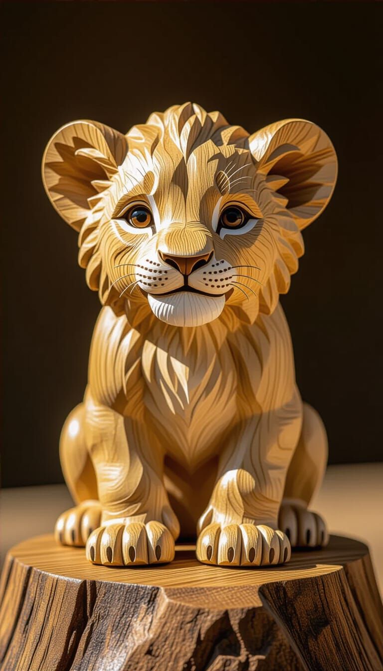 Cute Wooden Lion Cub Sculpture in Carved Realism Style