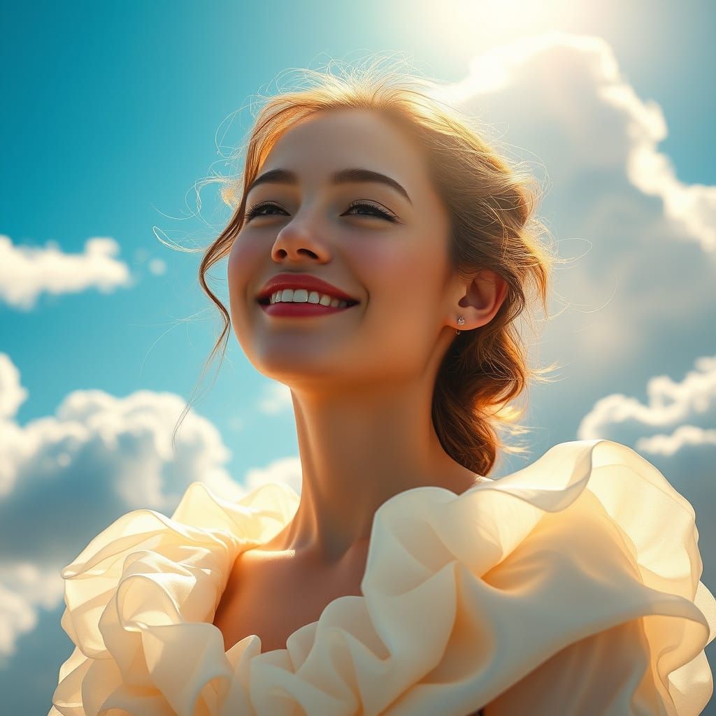 Ethereal Goddess Radiates Joy in Cloudy Skies