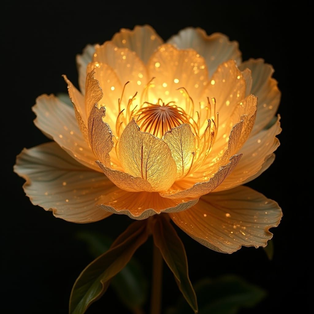Golden Peony Sculpture with Tendrils of Light