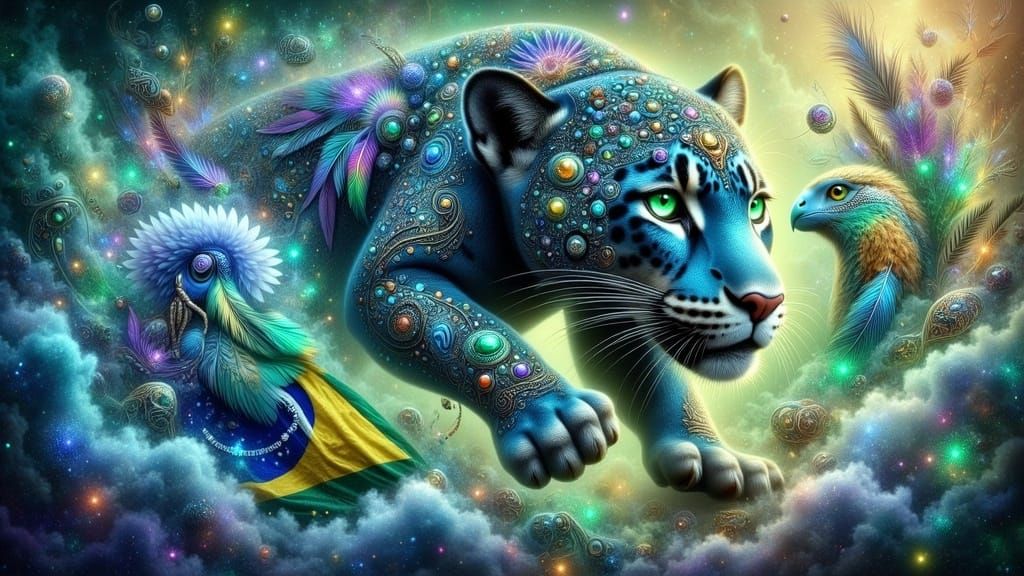 Ethereal Blue Jaguar Leaps from Vibrant Brazil Flag