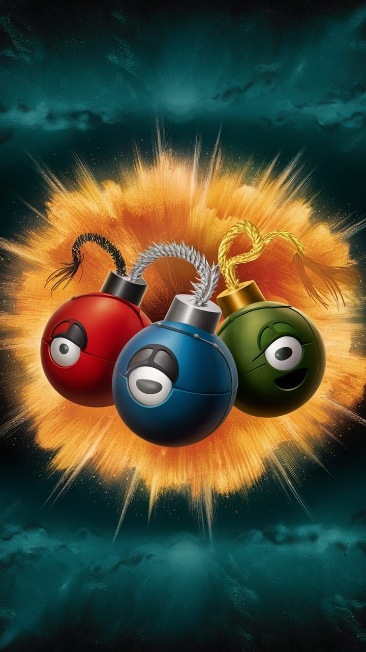 Colorful Vintage Bombs Exploding in Starry Sky