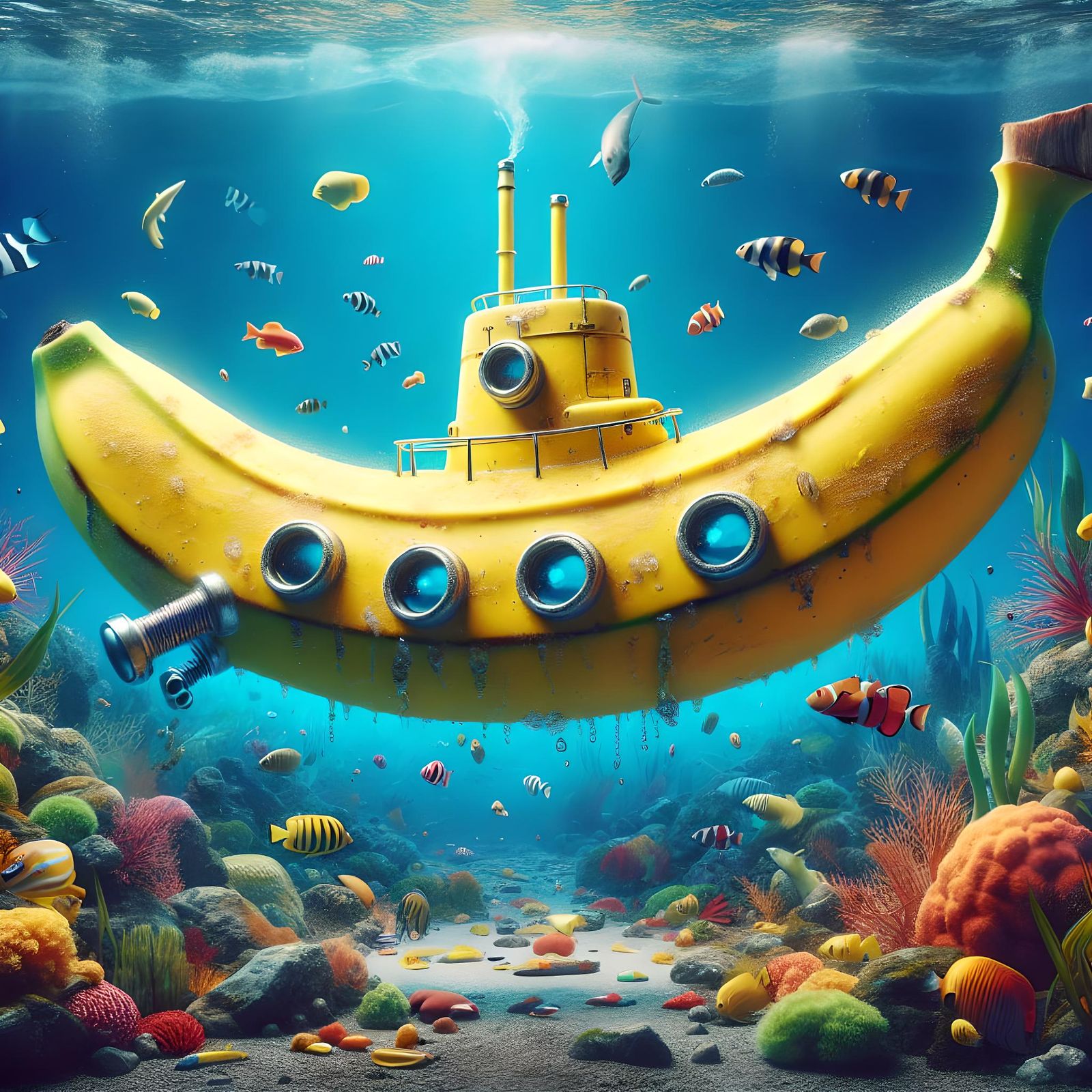 Banana Submarine Amidst Tropical Fish, Oil Painting