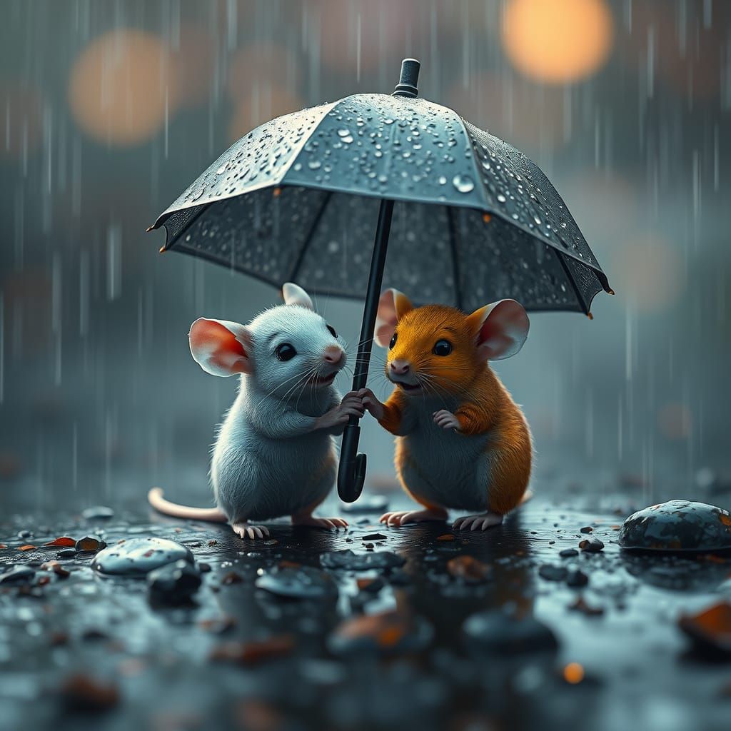 Fantastical Mice Share Umbrella in Rainy Scene