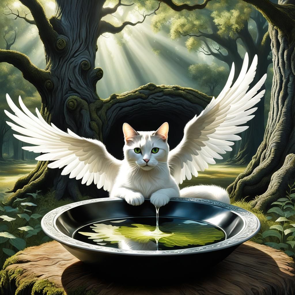 Angel Winged Cat Drinking: Hyperrealistic Action Painting