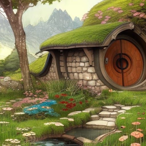 Serene Hobbit House in Anime Watercolor Style