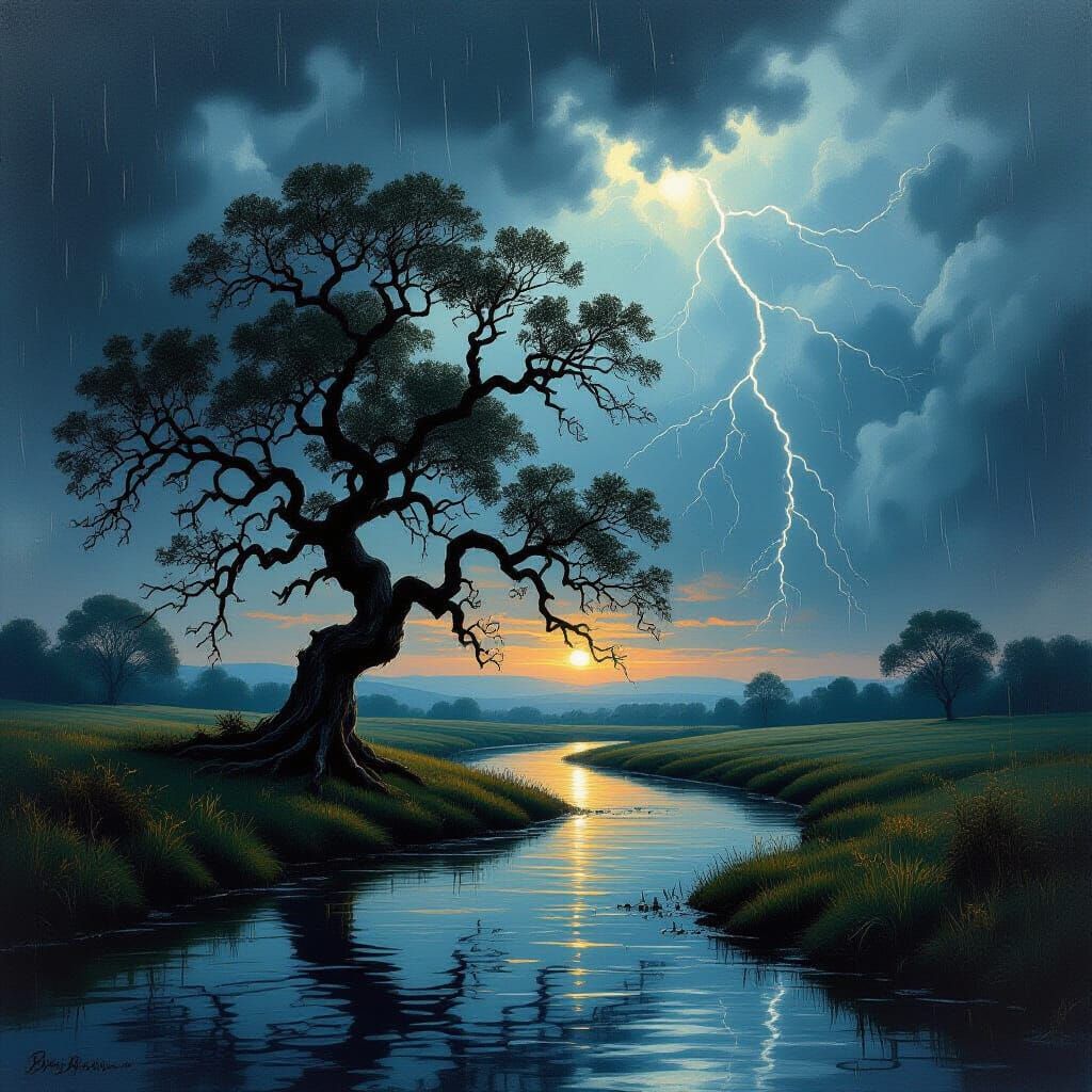 Ancient Oak Tree in Stormy Landscape