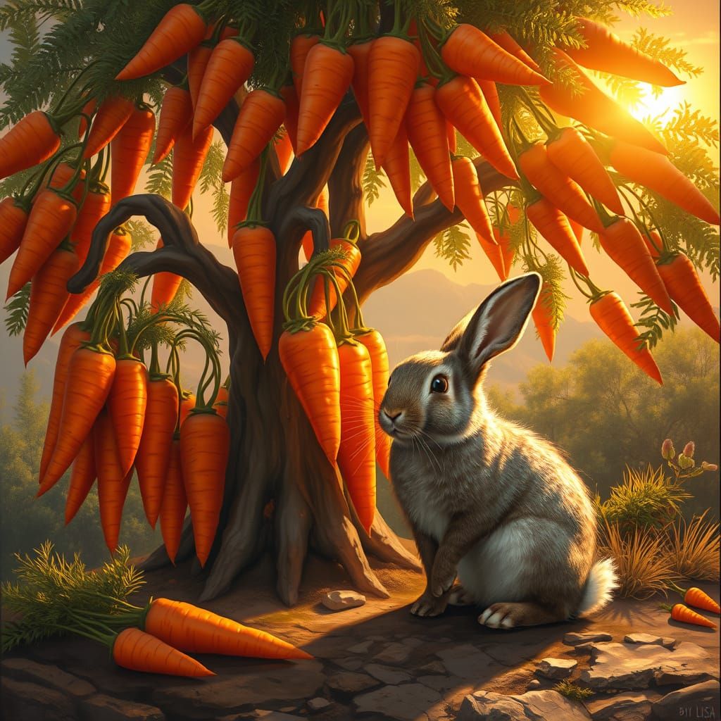 Hyperrealistic Carrot Tree Scene with Whimsical Rabbit
