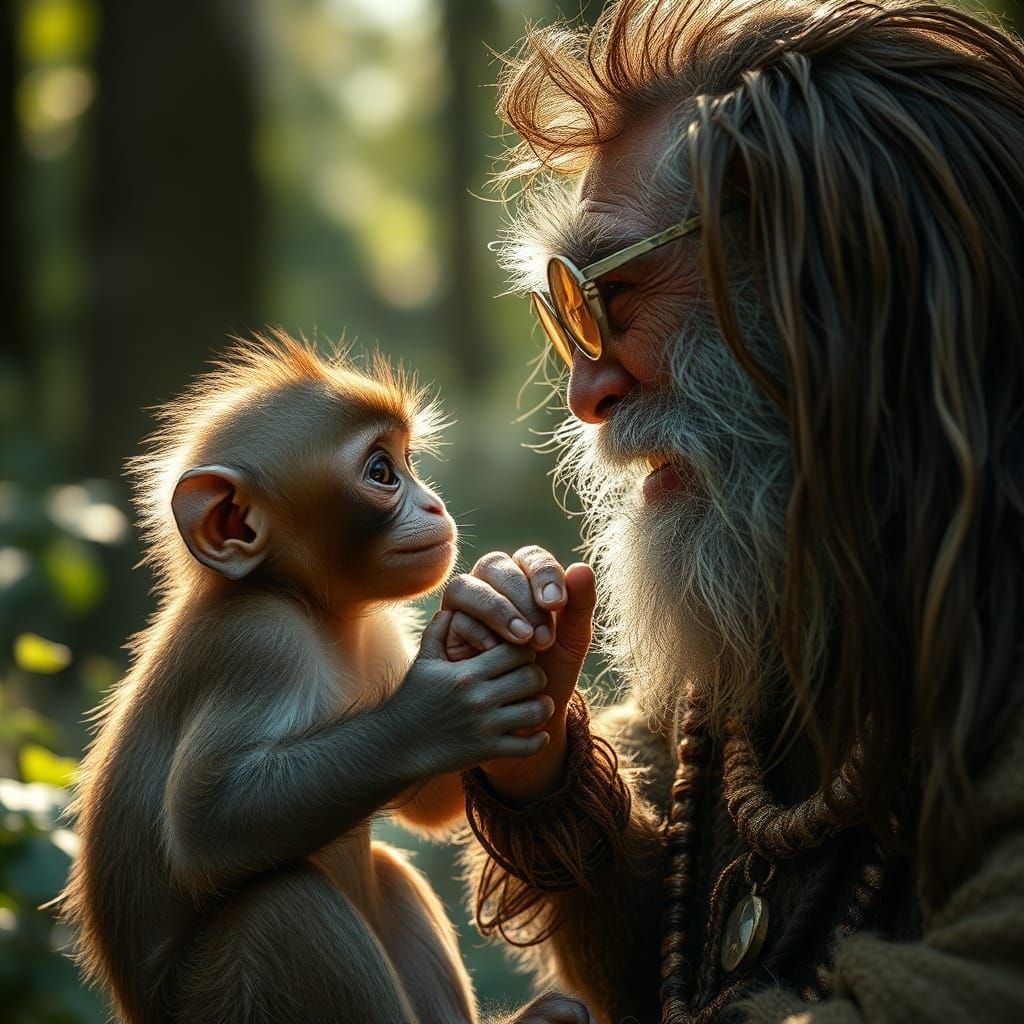 Adorable Monkey Greets Kind Hippie Grandfather in Forest