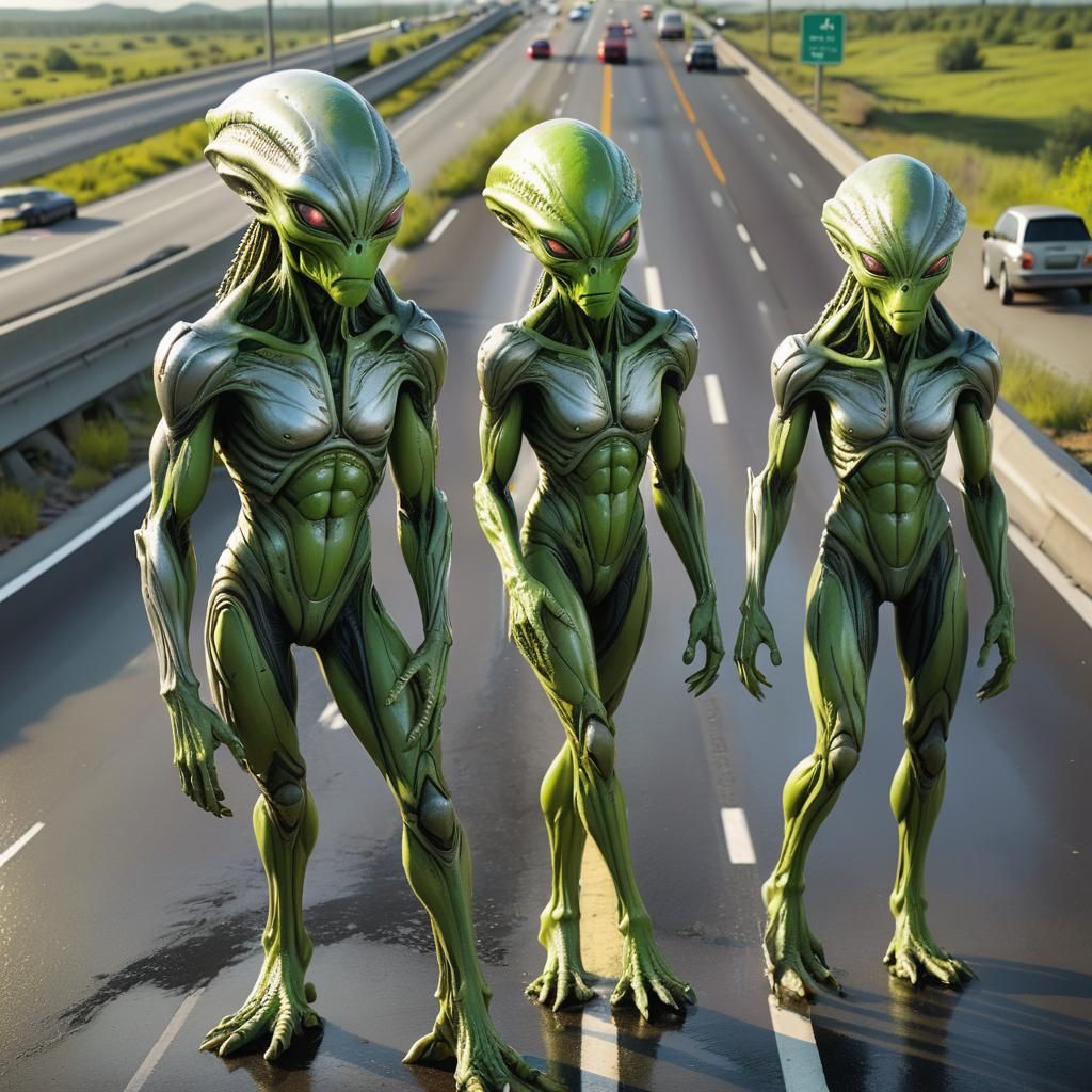 Hyperrealistic Aliens on a Highway in Splash Art Style