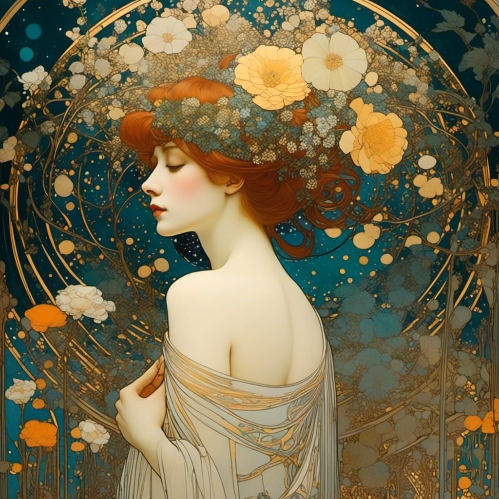 Mystical Double Exposure Art in Art Nouveau Style