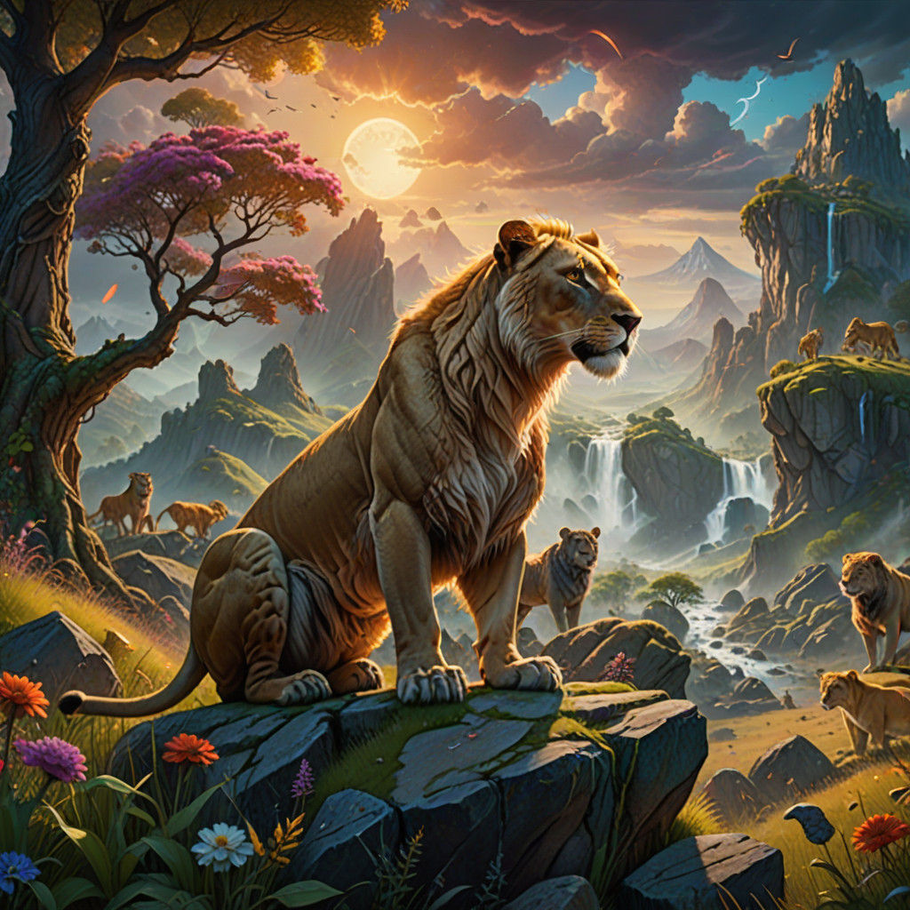 Regal Lioness Dominates Vibrant Fantasy Landscape in Cinemat...