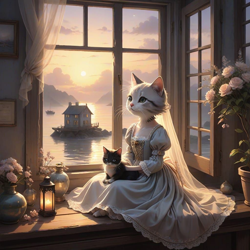 Dreamy Sunrise with Kitten in Anime Style