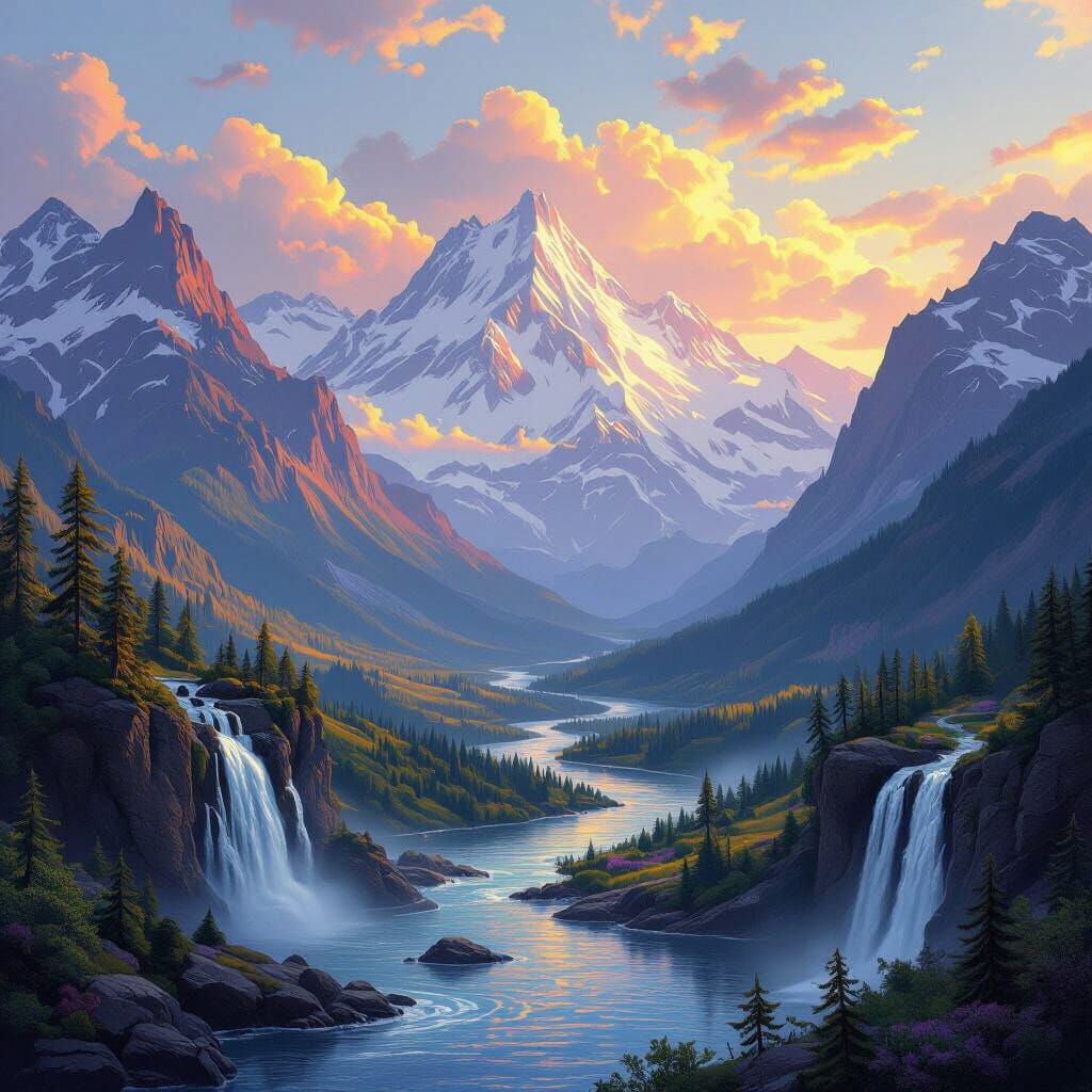 Majestic Mountains, Rivers, and Waterfalls in Grand Landscap...