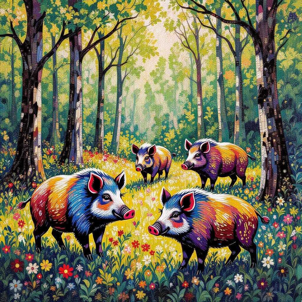Wild Boars in Forest Tapestry, Klimt, Matisse, Murakami Styl...