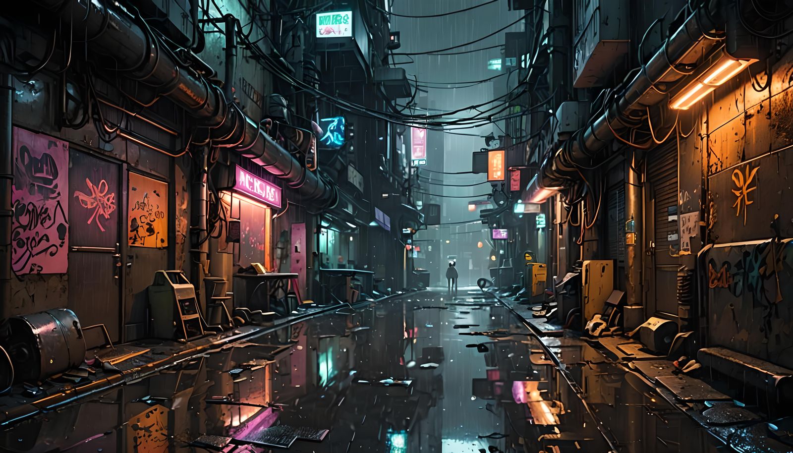 Cyberpunk Alleyway: Neon Reflections in the Rain