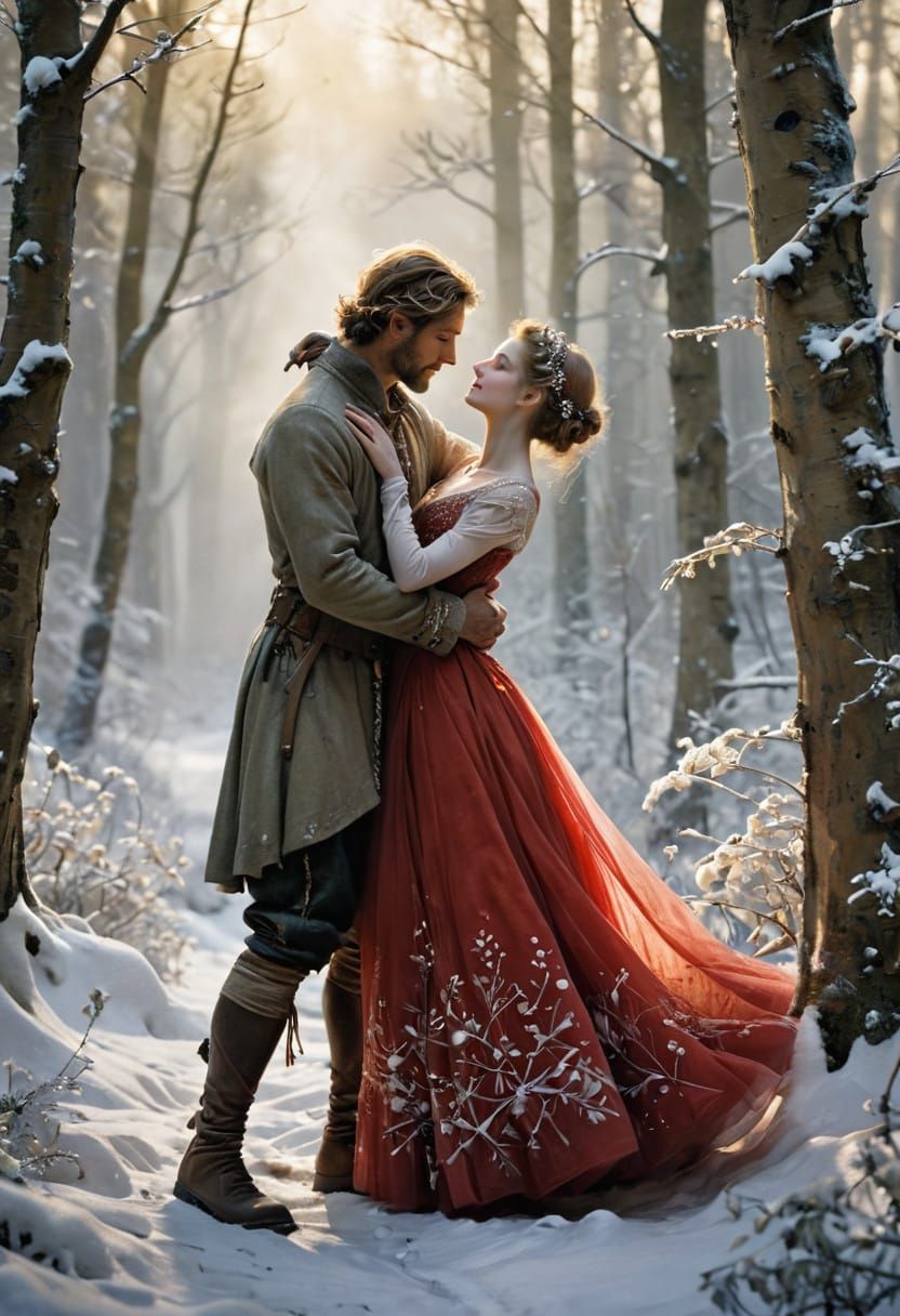 Dreamlike Ballerina Waltzes with Woodsman in Snowy Forest