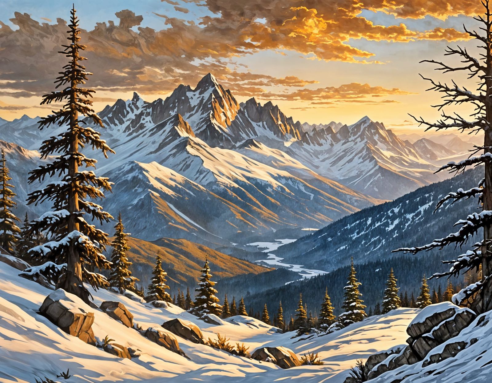 Snowy Mountain Ridge at Dawn as Oil Painting