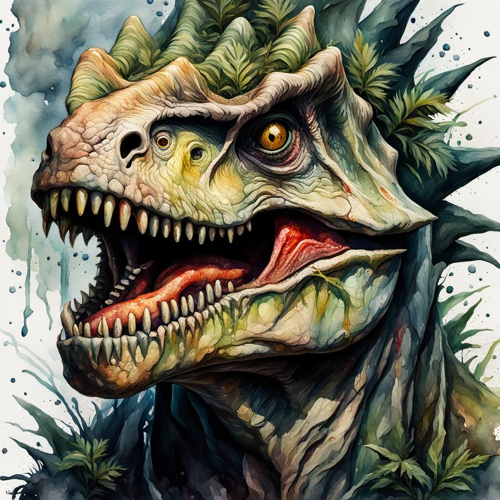 Grotesque Dinosaur in Watercolor Impasto Style