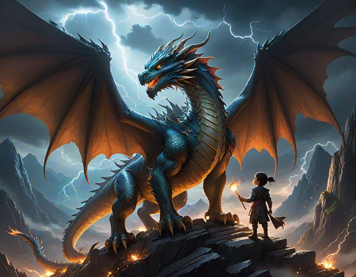 Compassionate Dragon Protecting Orphans in Stormy Landscape