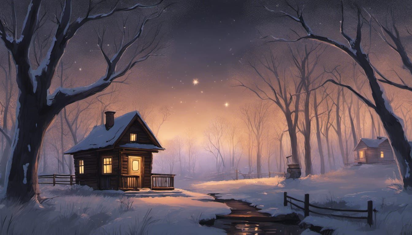 Cabin in Snowy Woods at Night: Fantasy Art