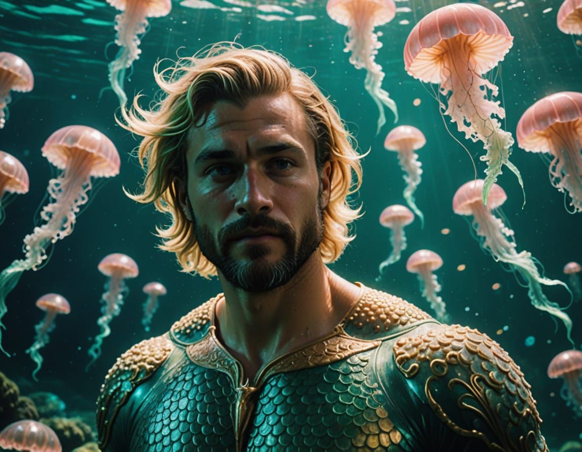 Joyful Merman Swimming with Jellyfish in Cinematic Style