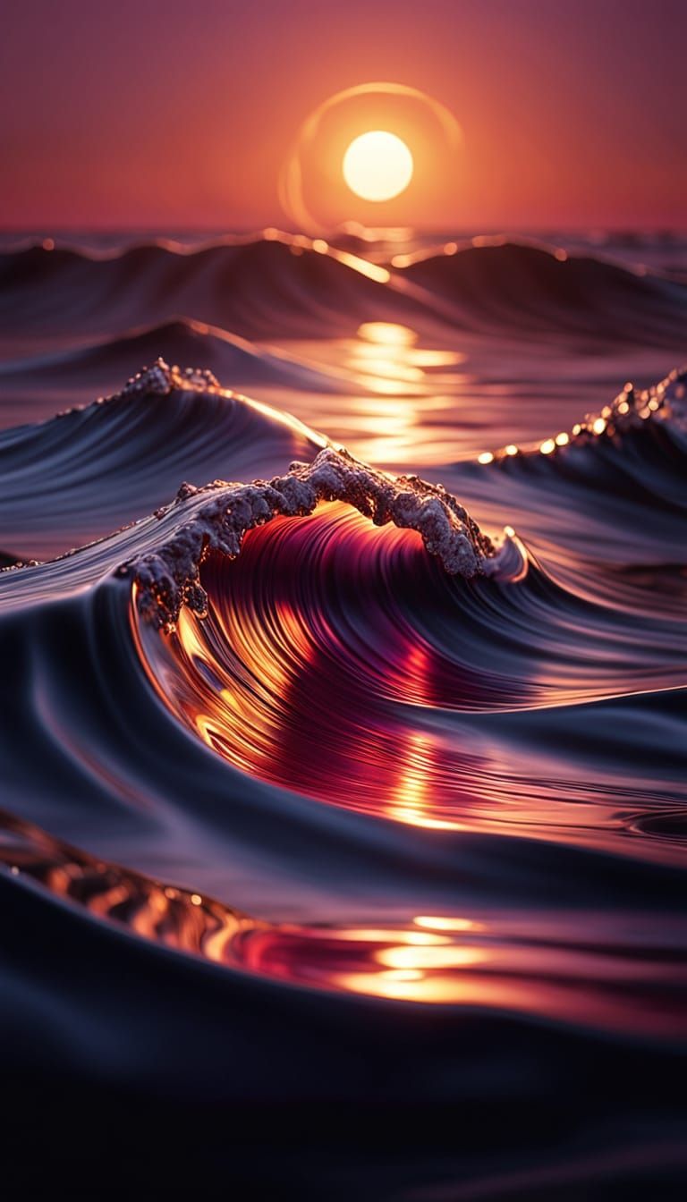 Glassy Wave Crests at Sunset in Unreal Engine Style