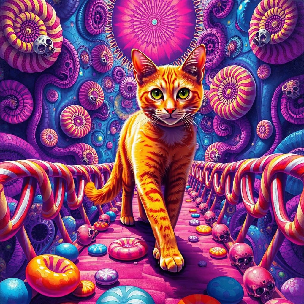 Psychedelic Cat on Candy Bridge, Digital Art
