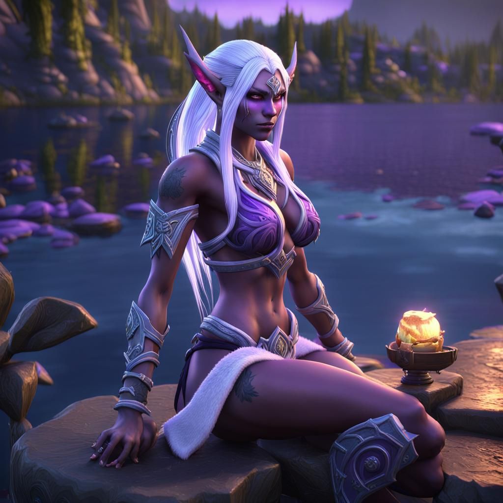 Night Elf in White Bikini by Lake, 3D Render